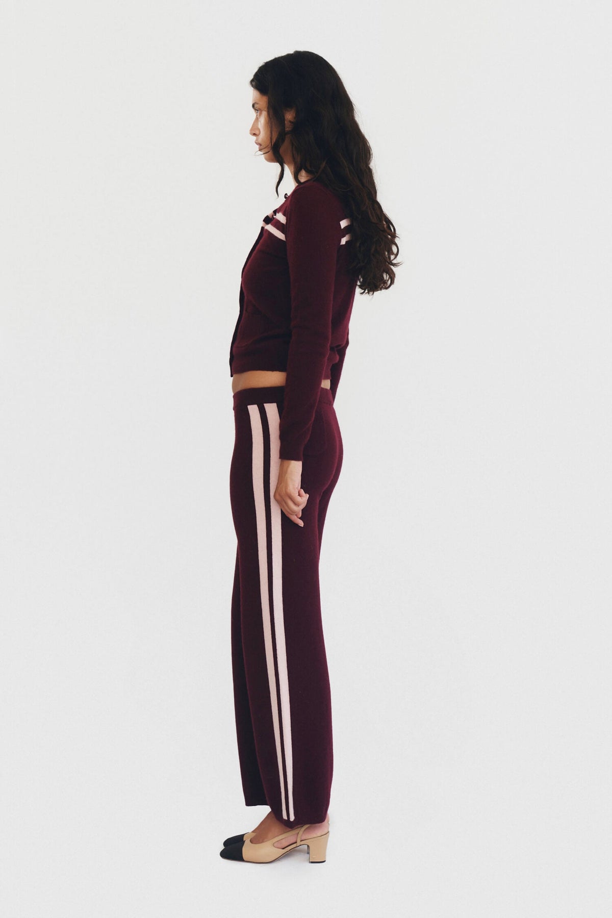 Cashmere Wool Stripe Cardigan In Rasberry Cream