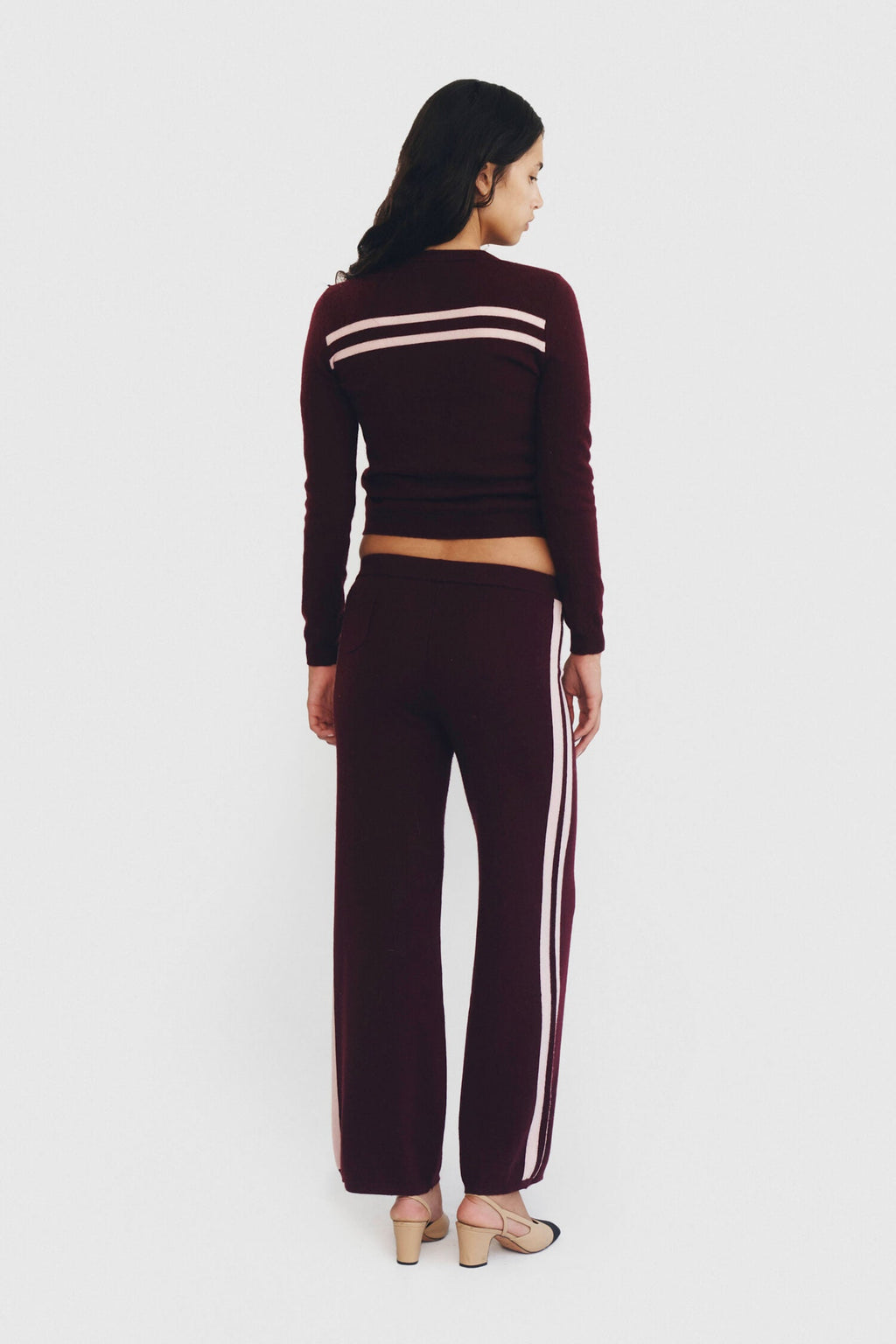 Cashmere Wool Stripe Cardigan In Rasberry Cream