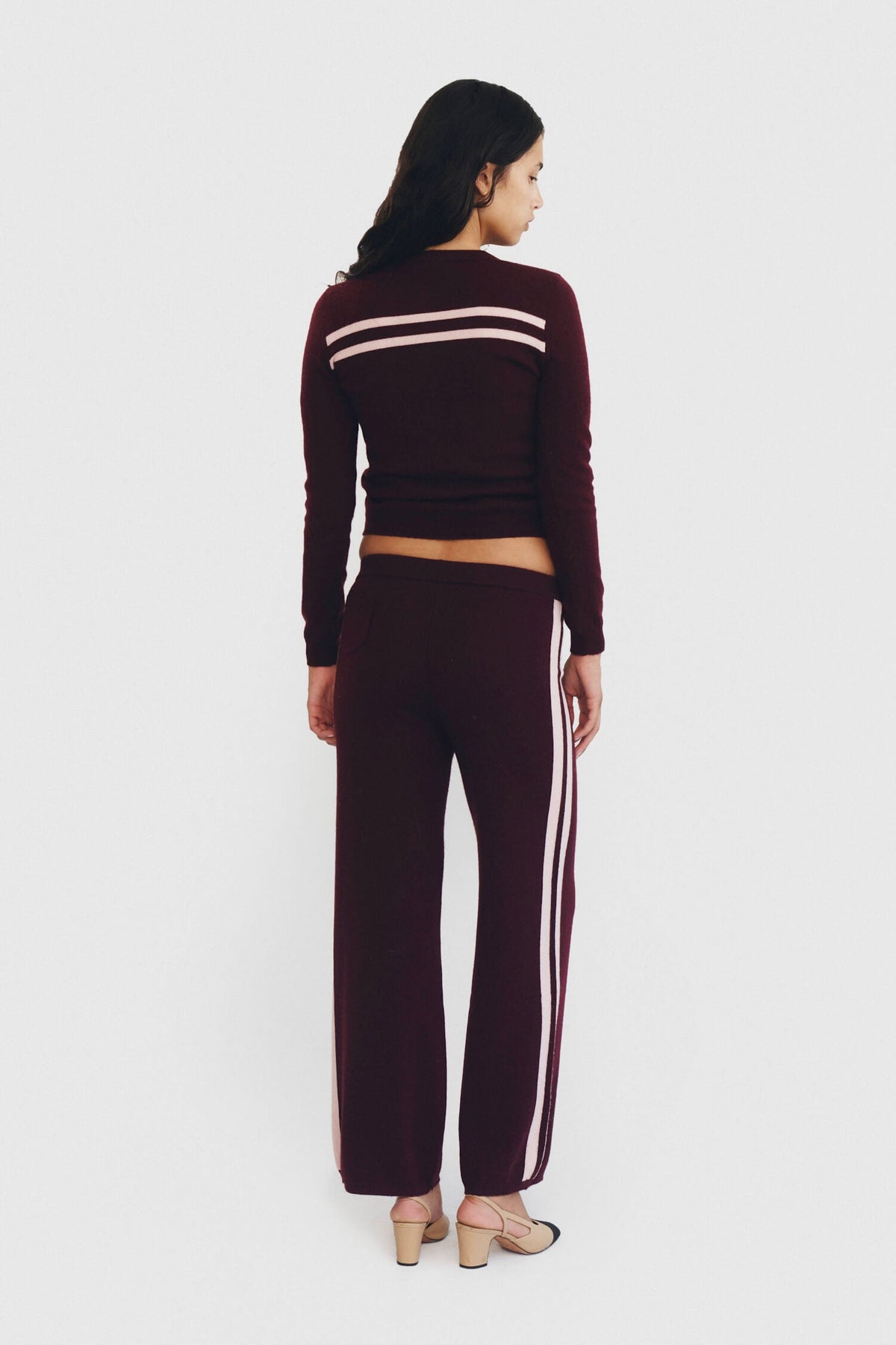Cashmere Wool Stripe Cardigan In Rasberry Cream