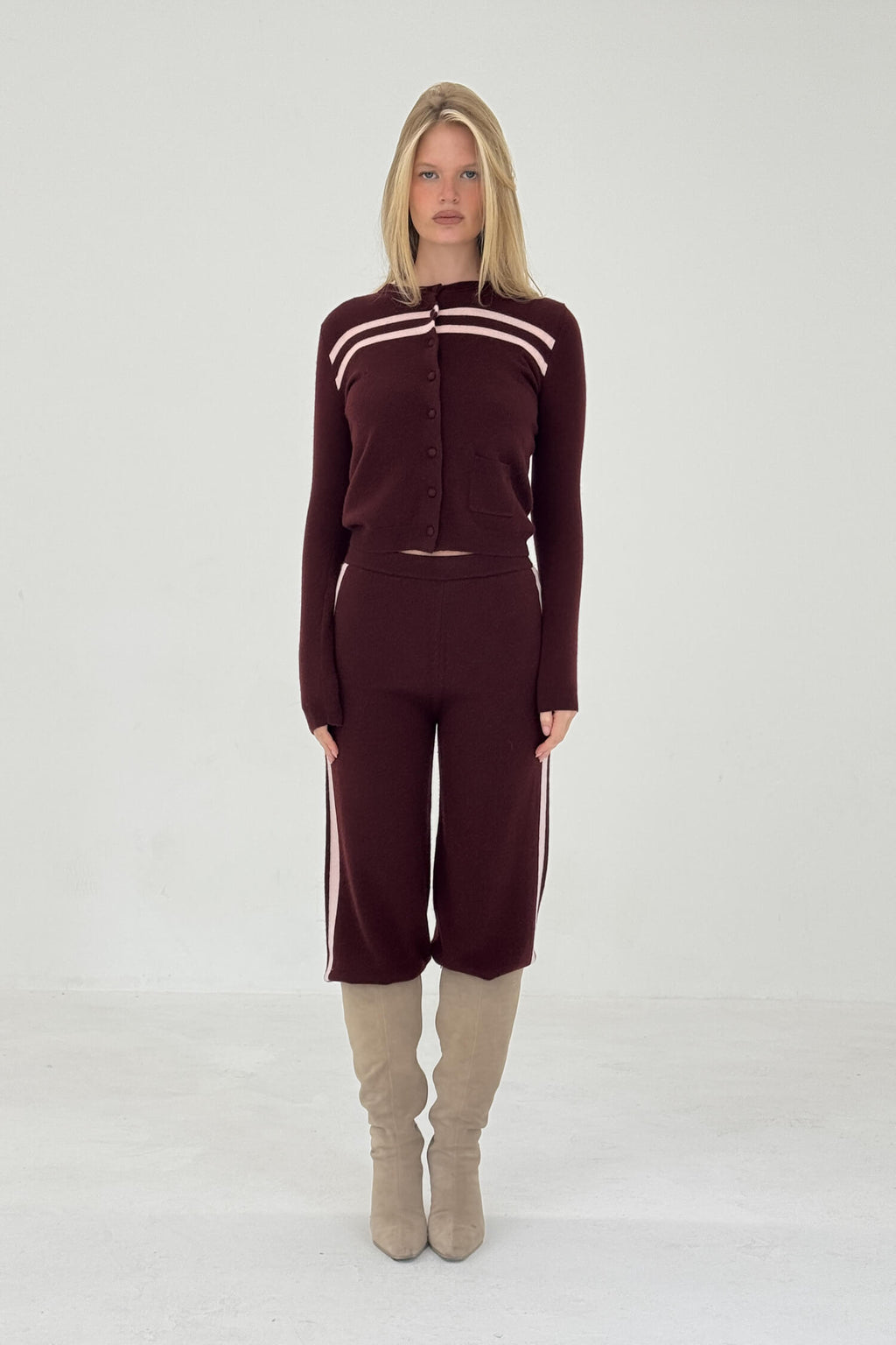 Cashmere Wool Stripe Cardigan In Rasberry Cream