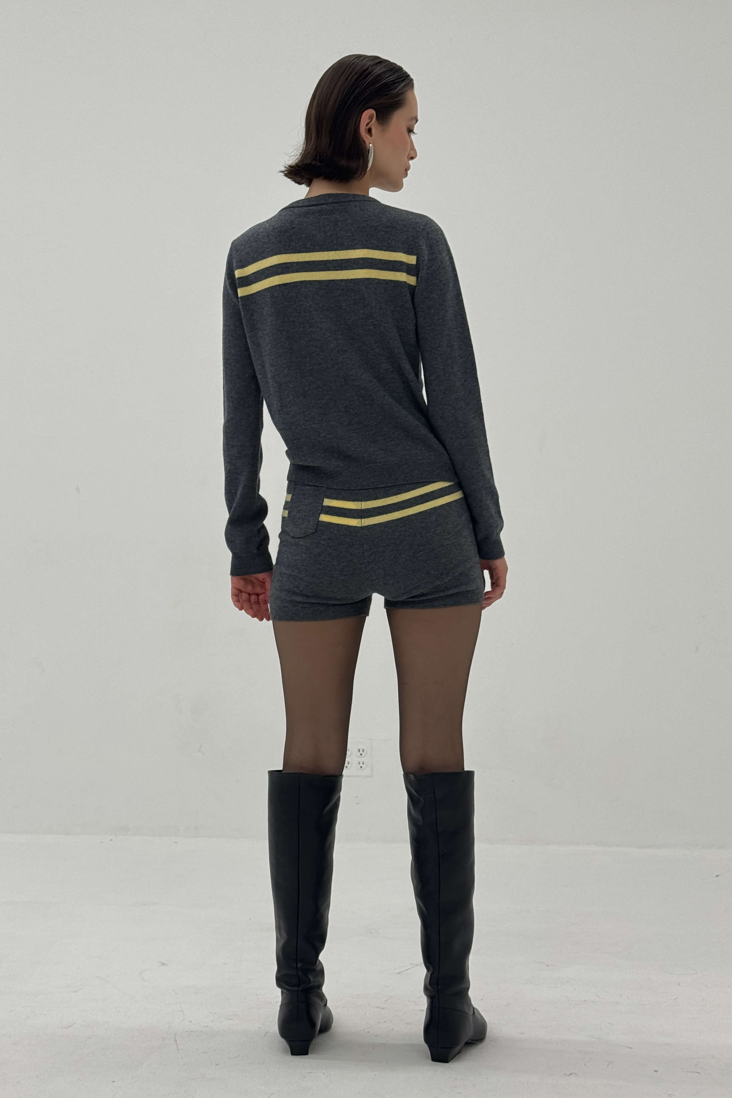 Cashmere Wool Stripe Cardigan in Charcoal/Butter