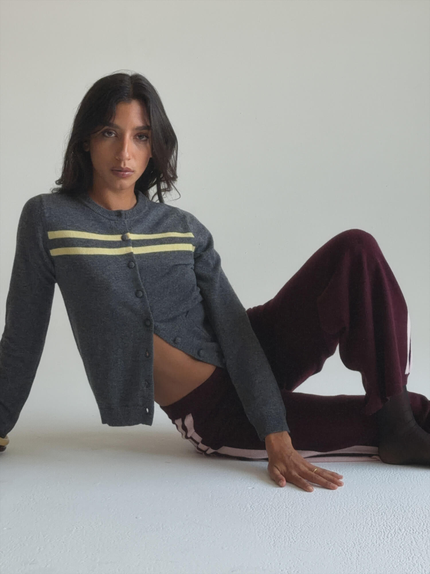 Cashmere Wool Stripe Cardigan in Charcoal/Butter