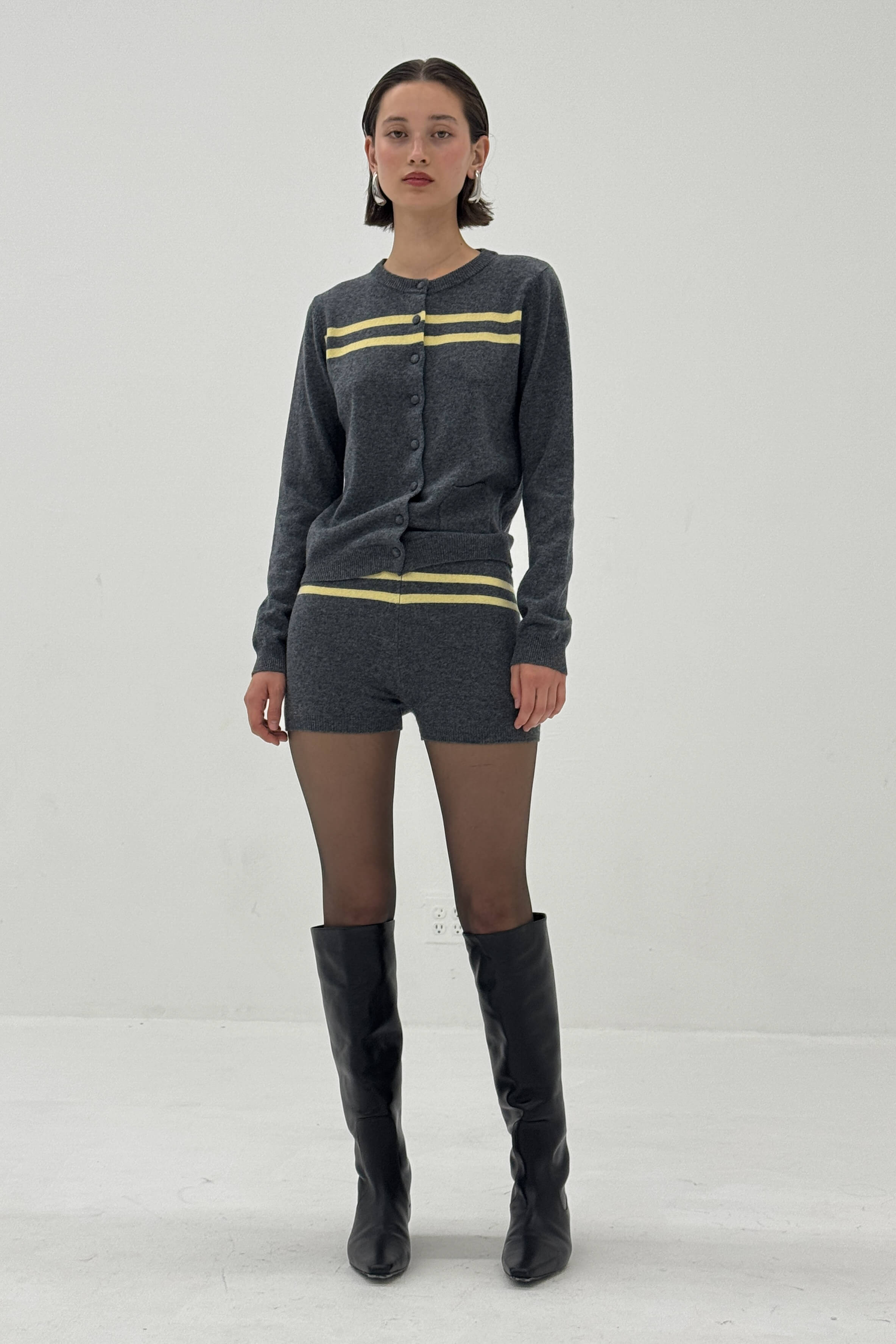 Cashmere Wool Stripe Cardigan in Charcoal/Butter