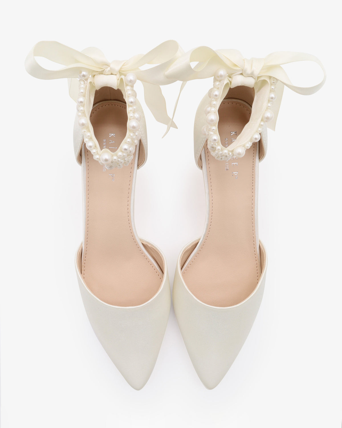 Satin Pointy Toe Kitten Low Heel with Perla Ankle Strap
