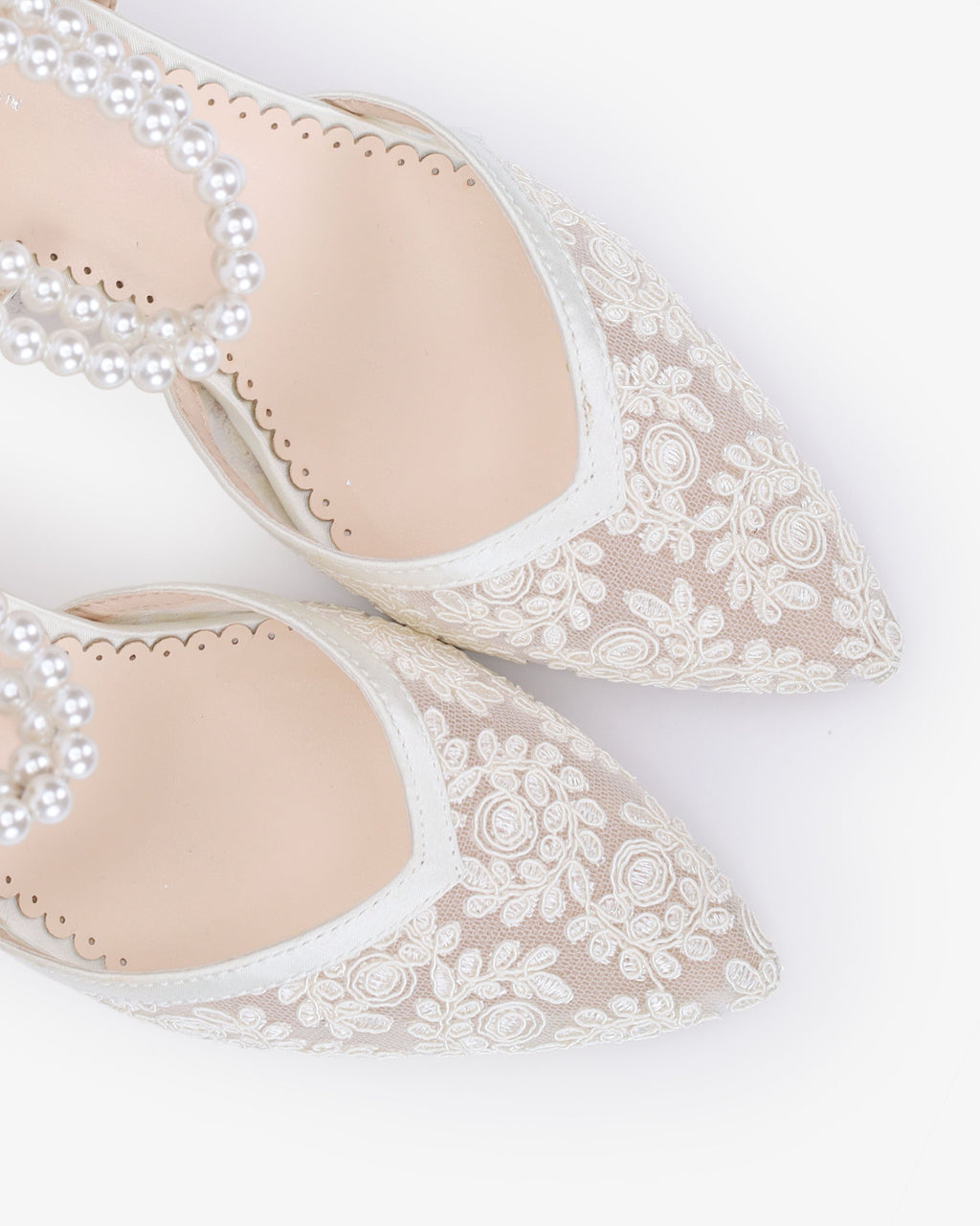 Lace Block Heel For Weddings with Double Pearls Ankle Strap