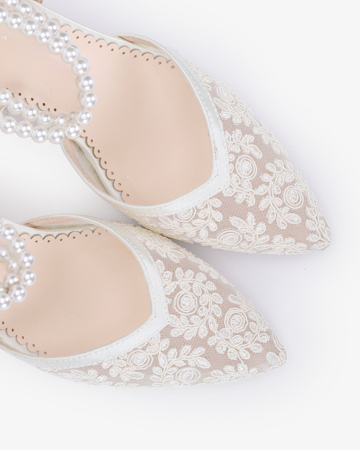 Lace Block Heel For Weddings with Double Pearls Ankle Strap