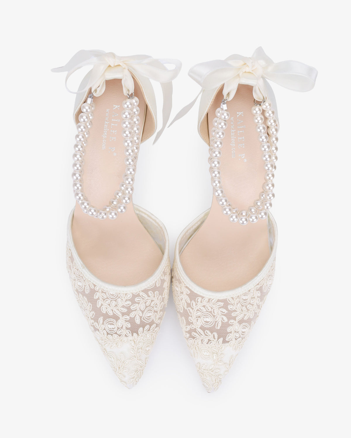 Wedding Lace Heels with Double Pearls Ankle Strap
