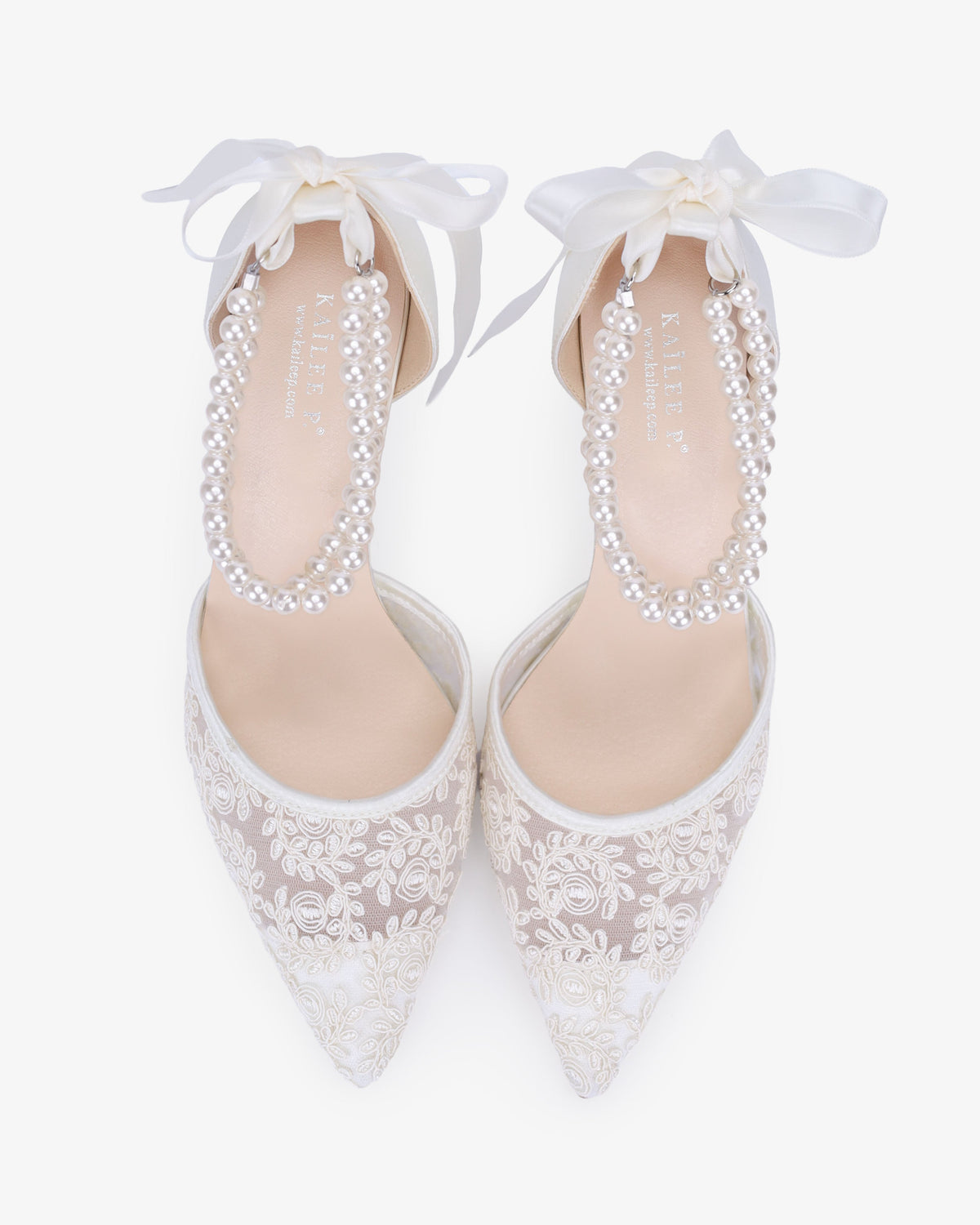 Wedding Lace Heels with Double Pearls Ankle Strap