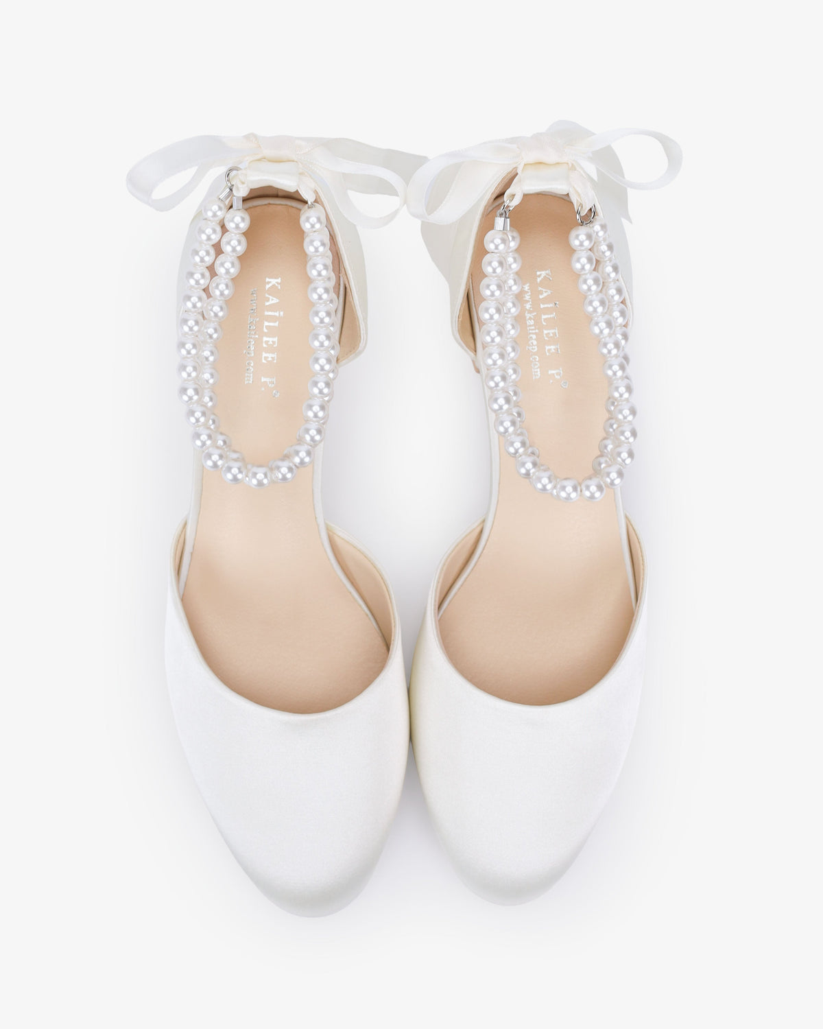Round Toe Satin Low Block Heel with Double Pearls Ankle Strap