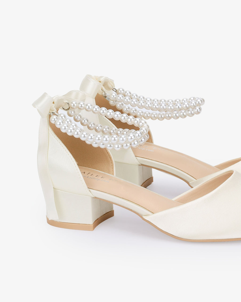 Round Toe Satin Low Block Heel with Double Pearls Ankle Strap