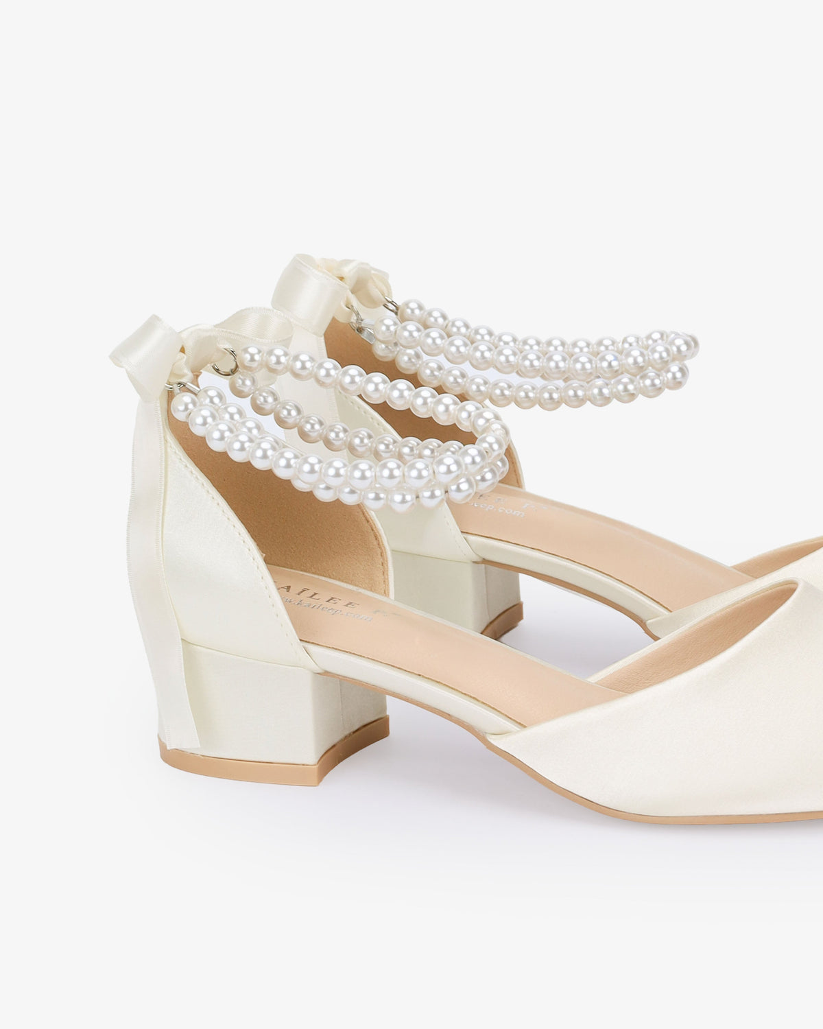 Round Toe Satin Low Block Heel with Double Pearls Ankle Strap