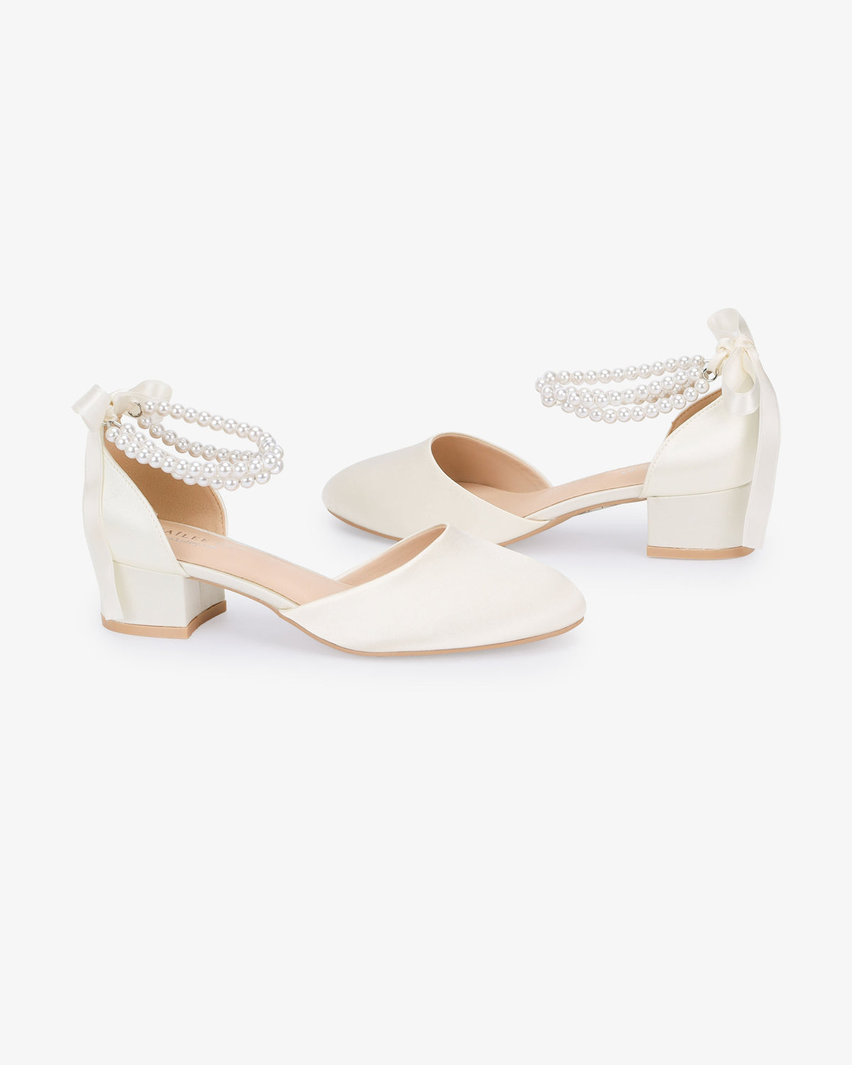 Round Toe Satin Low Block Heel with Double Pearls Ankle Strap