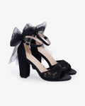 Crochet Lace Block Heel Sandals with Tulle Back Bow