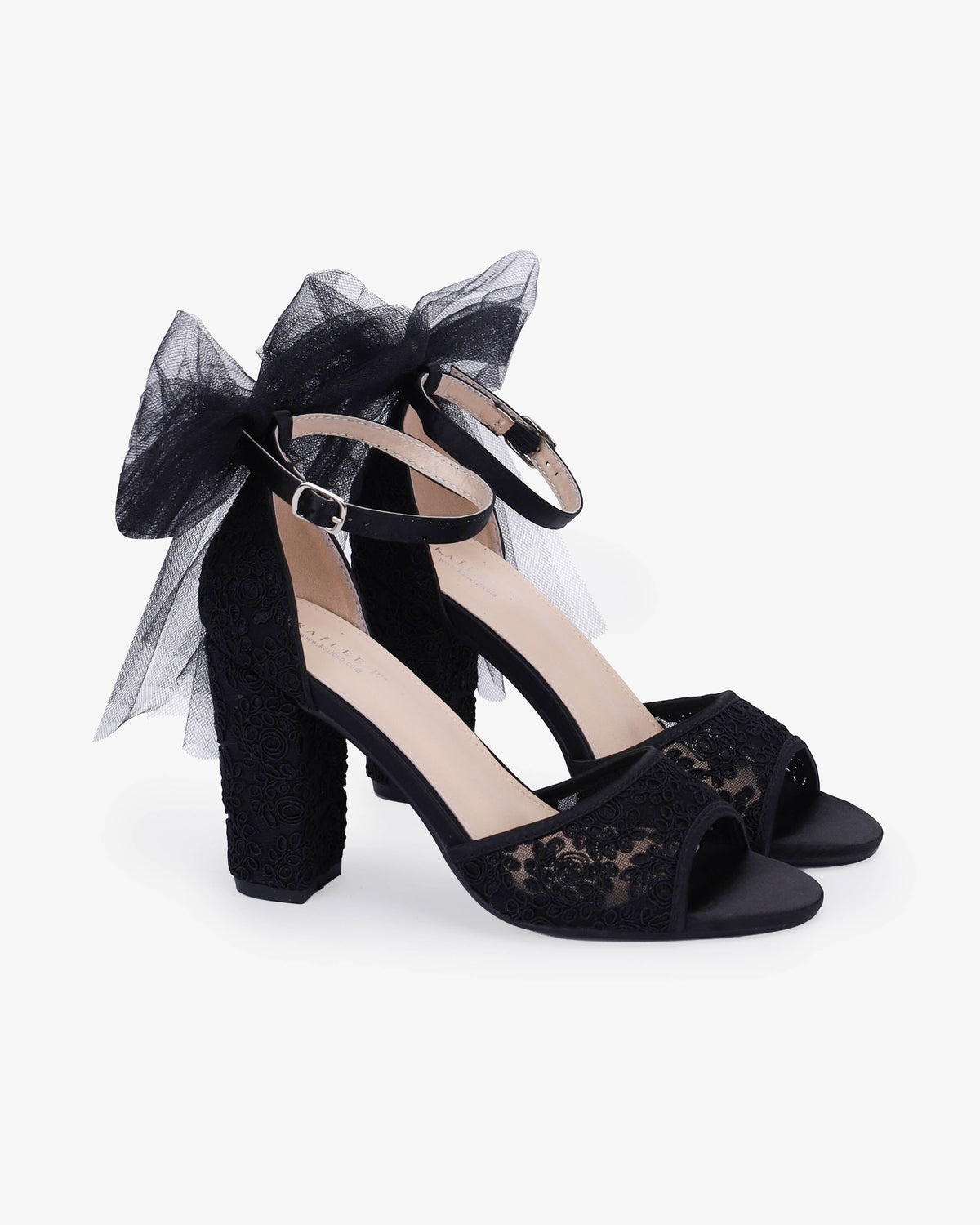 Crochet Lace Block Heel Sandals with Tulle Back Bow