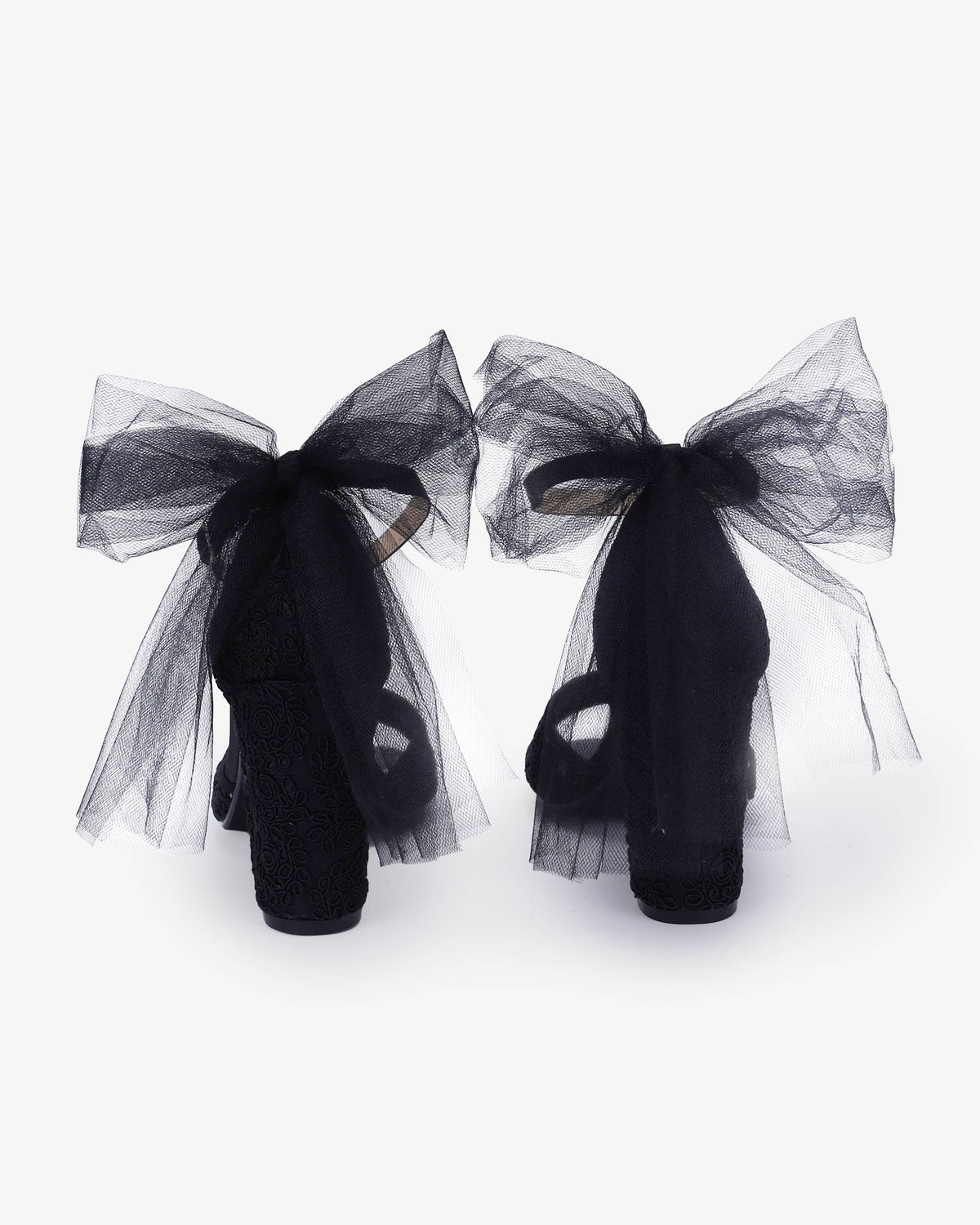 Crochet Lace Block Heel Sandals with Tulle Back Bow