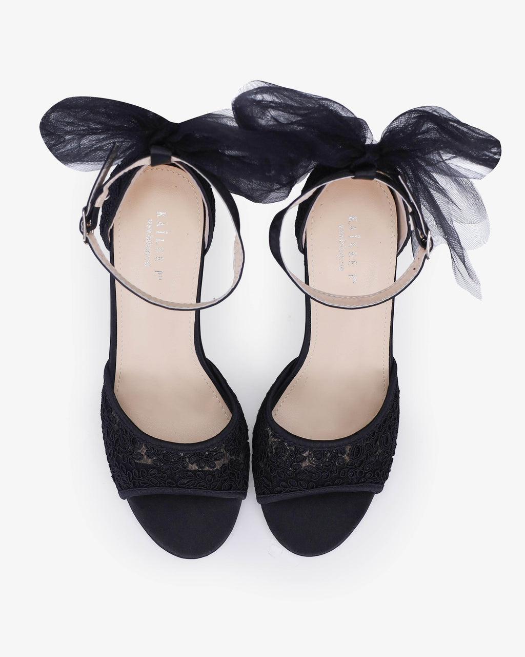 Crochet Lace Block Heel Sandals with Tulle Back Bow