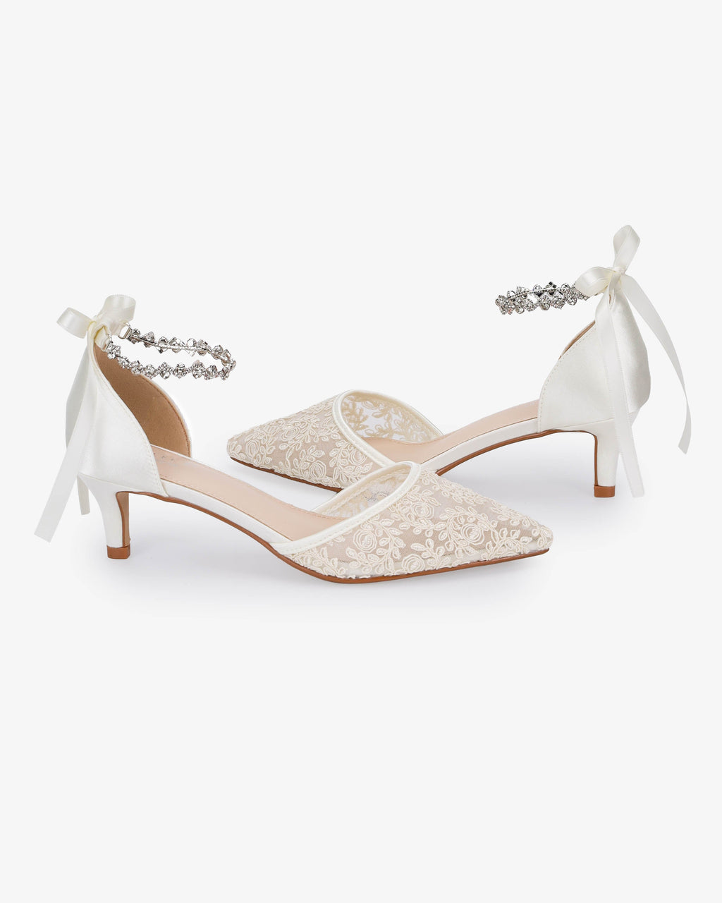 Crochet Lace Pointy Toe Wedding Kitten Low Heel with Amaryllis Strap