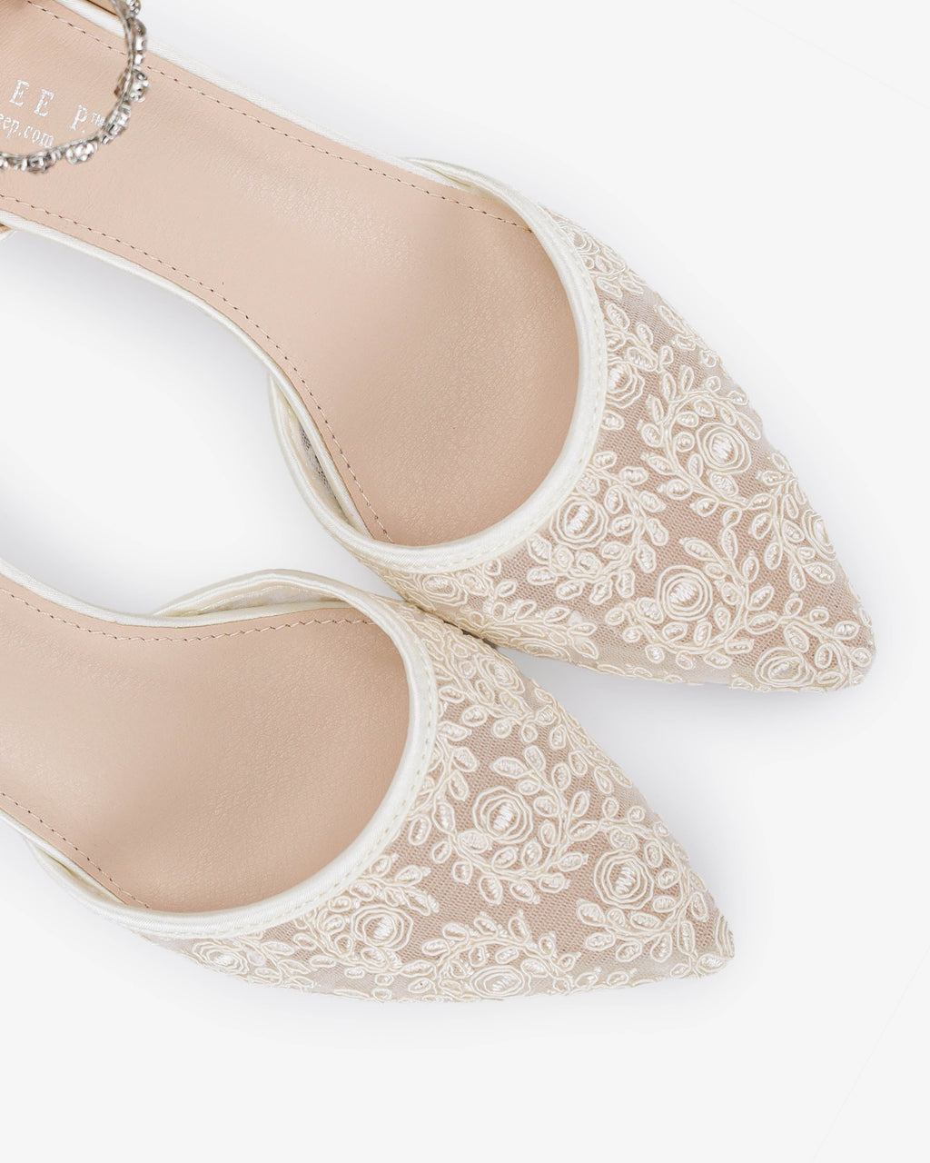Crochet Lace Pointy Toe Wedding Kitten Low Heel with Amaryllis Strap