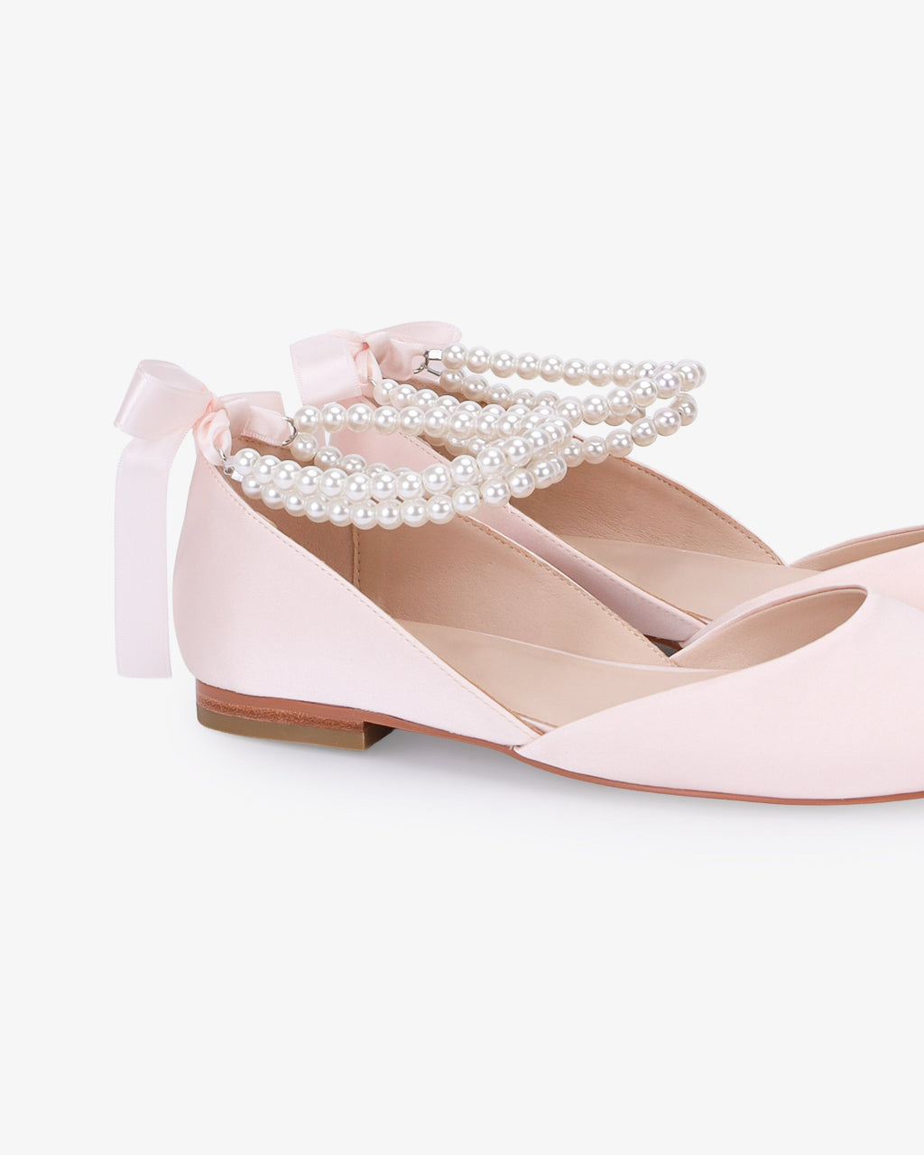 Satin Round Toe Evening Flat with Double Pearls Ankle Strap