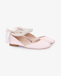 Satin Round Toe Evening Flat with Double Pearls Ankle Strap