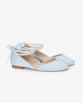 Satin Round Toe Wedding Flat with Double Pearls Ankle Strap