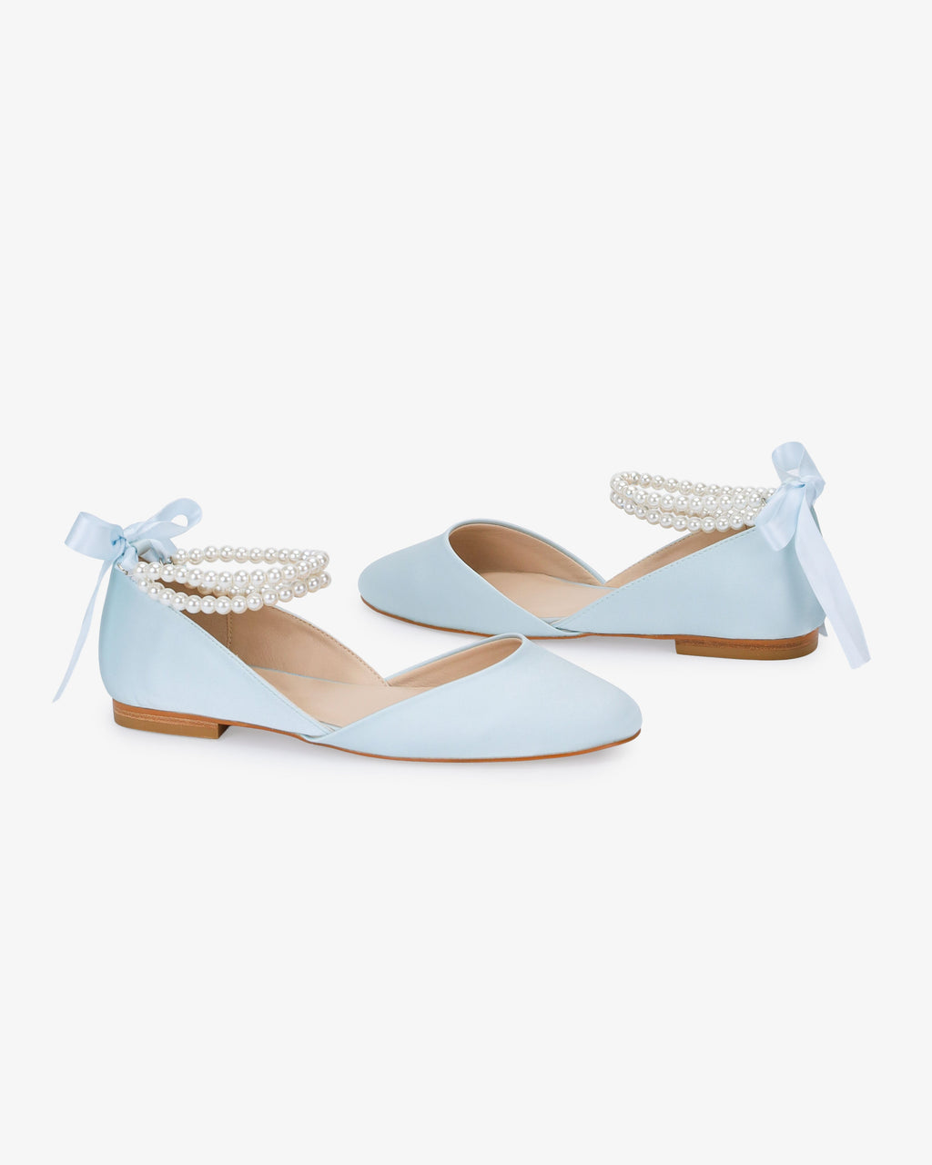 Satin Round Toe Wedding Flat with Double Pearls Ankle Strap