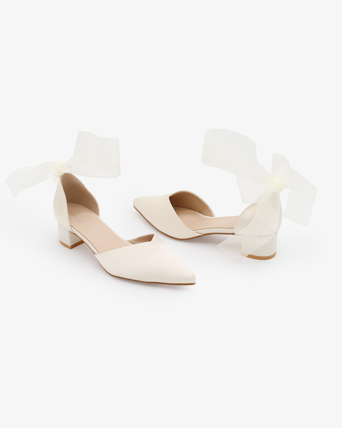 Satin Pointy Toe Low Block Heels Wedding Shoes with Wrapped Ribbon Tie