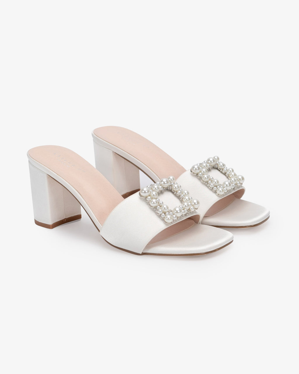 Satin Block Heels Slide Wedding Sandals with Pearlisse Buckle