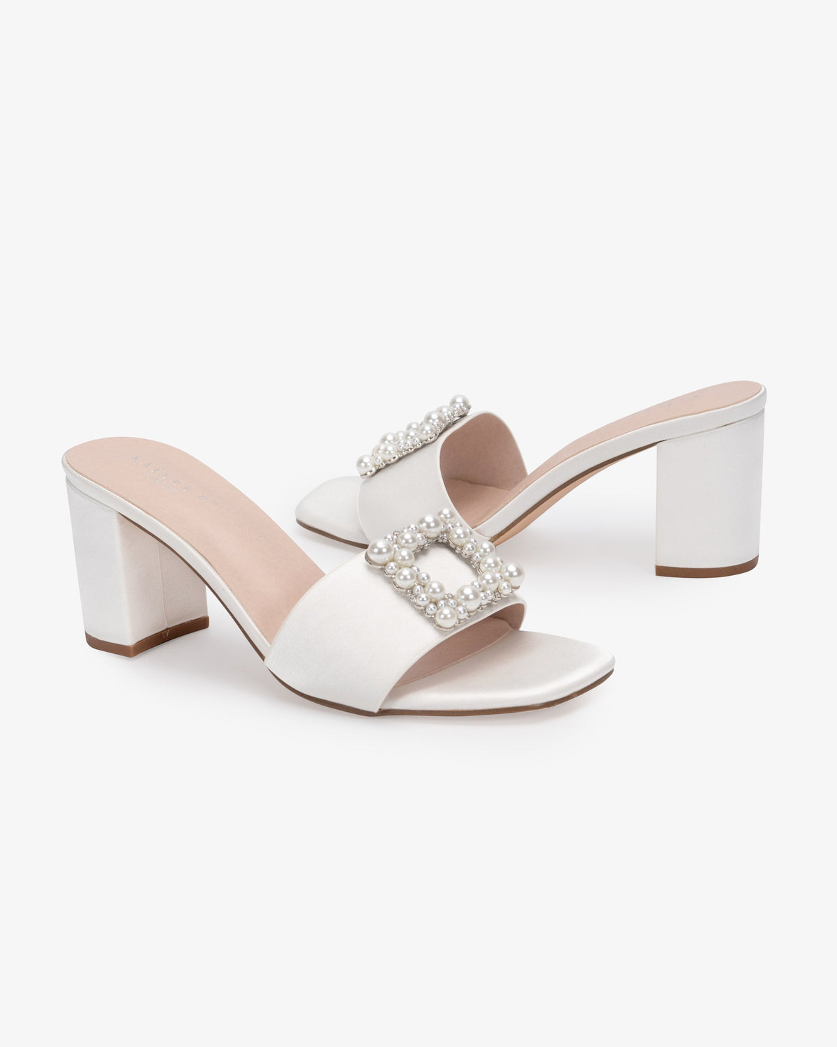 Satin Block Heels Slide Wedding Sandals with Pearlisse Buckle