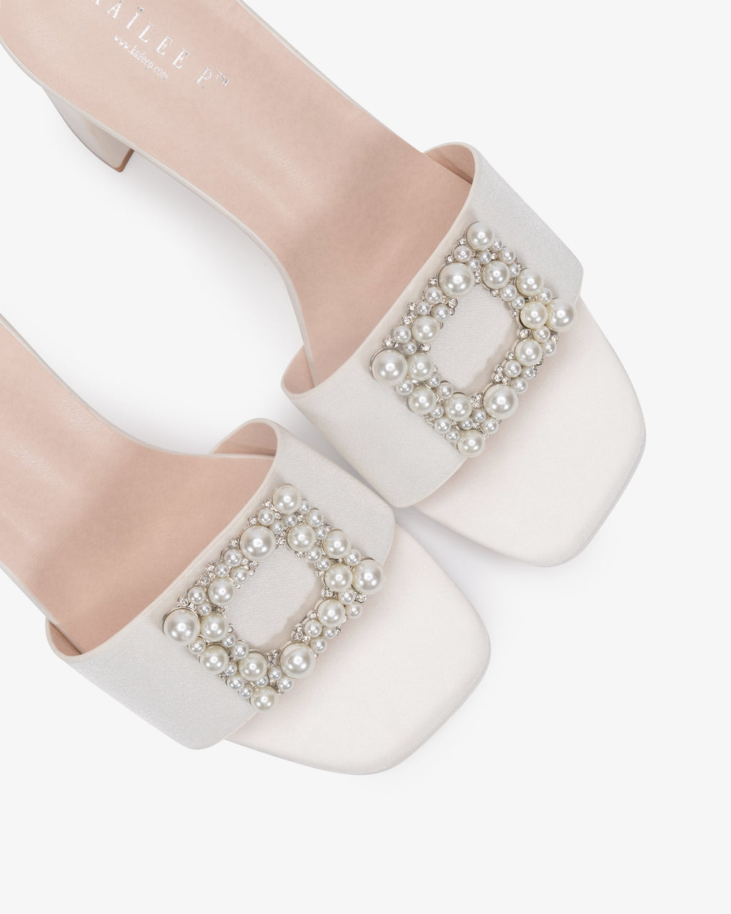 Satin Block Heels Slide Wedding Sandals with Pearlisse Buckle