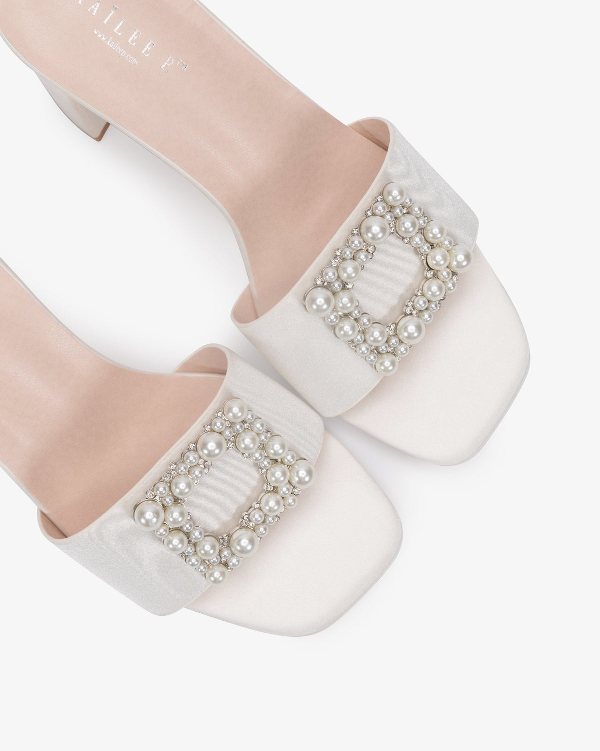 Satin Block Heels Slide Wedding Sandals with Pearlisse Buckle