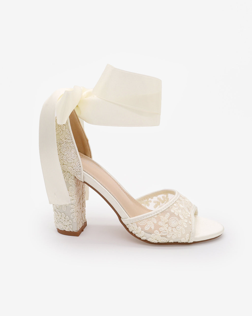 Crochet Lace Block Heel Sandals with Wrapped Ribbon Tie