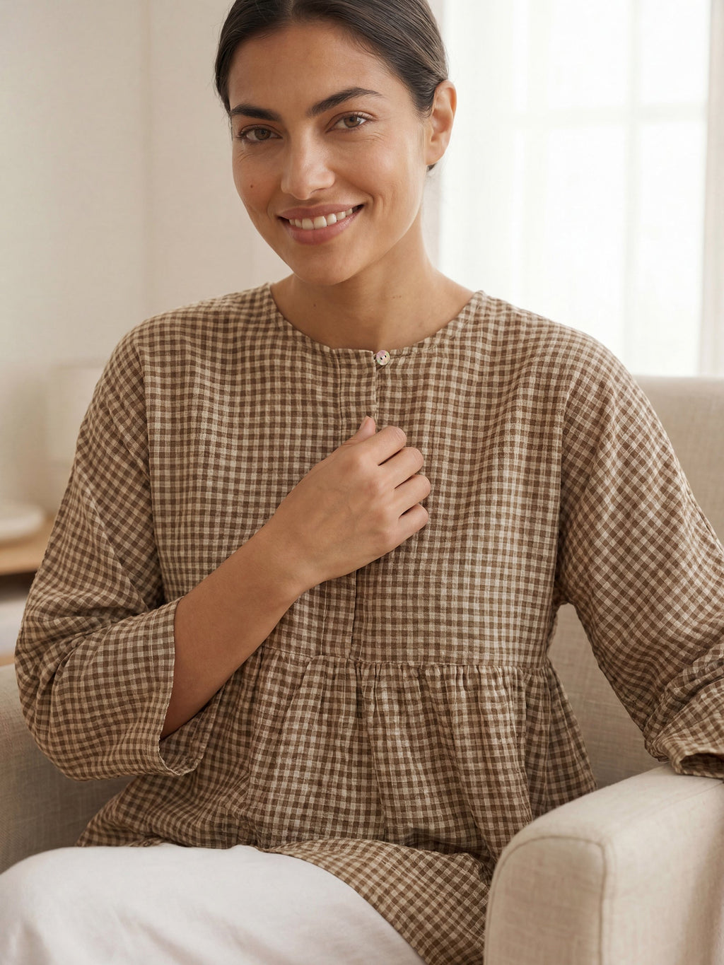 Linen Checked Long-Sleeved Top CAROLINE