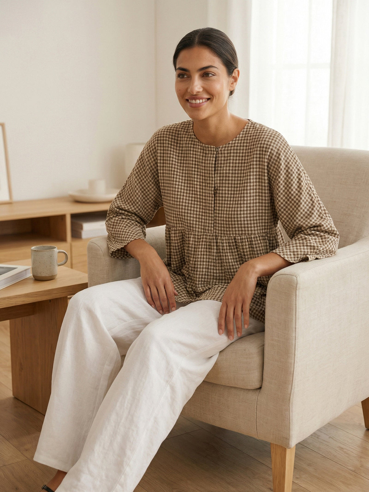 Linen Checked Long-Sleeved Top CAROLINE