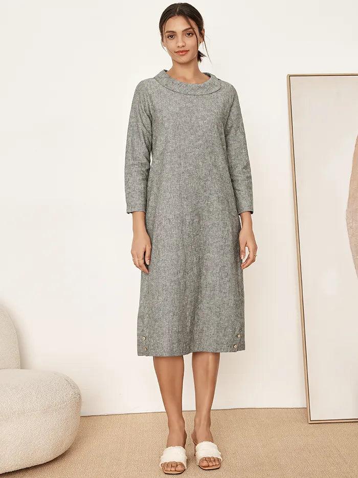Linen Round Soft-Fold Collar Midi Dress MELLOW