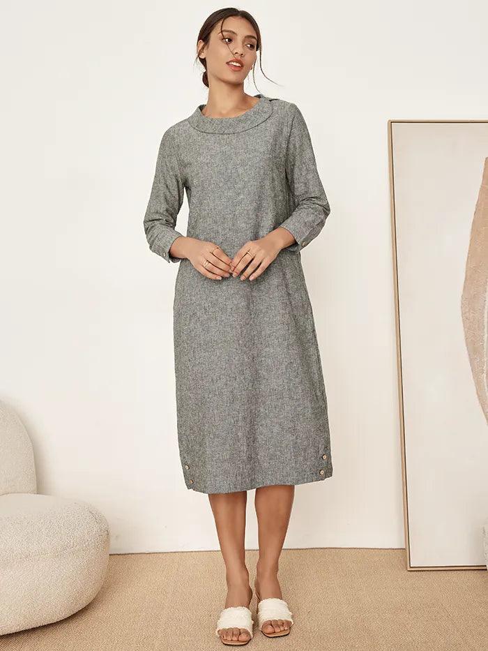 Linen Round Soft-Fold Collar Midi Dress MELLOW