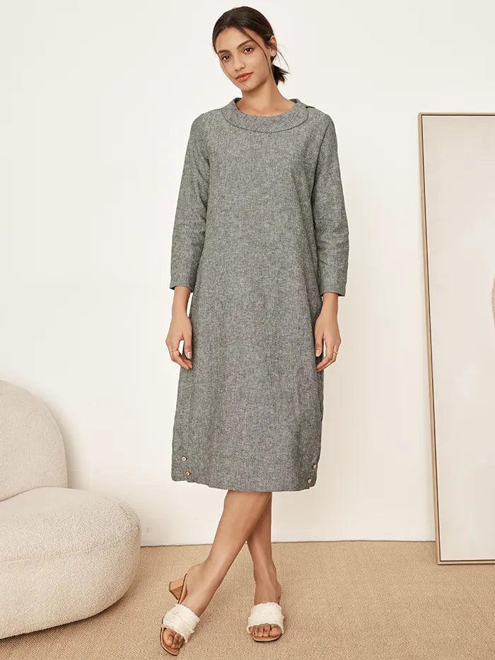 Linen Round Soft-Fold Collar Midi Dress MELLOW