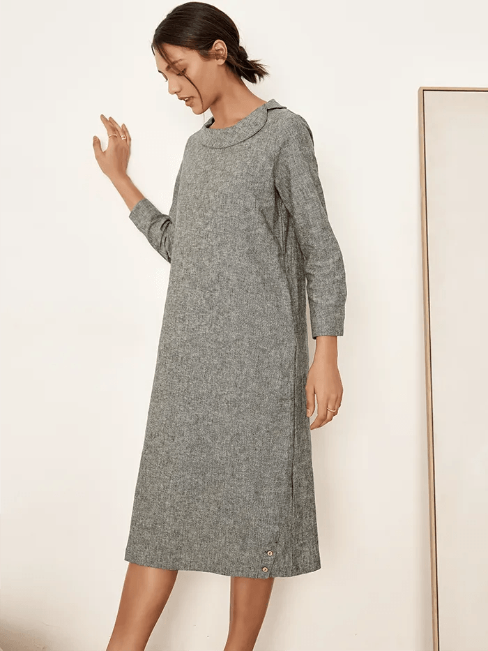 Linen Round Soft-Fold Collar Midi Dress MELLOW