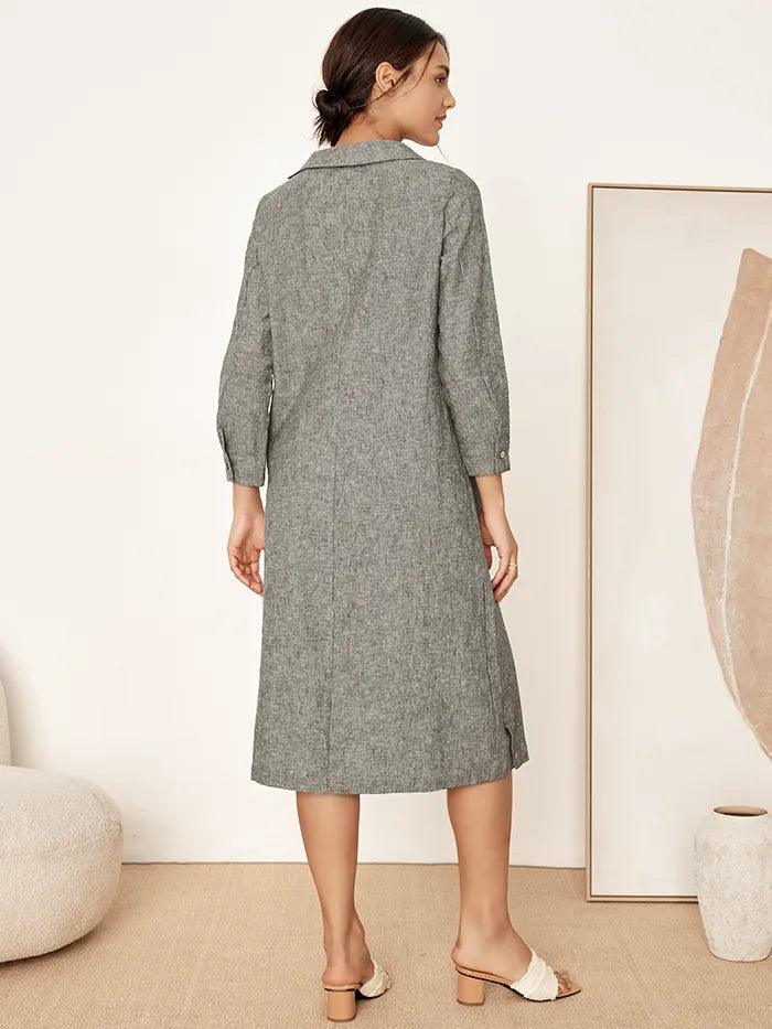 Linen Round Soft-Fold Collar Midi Dress MELLOW
