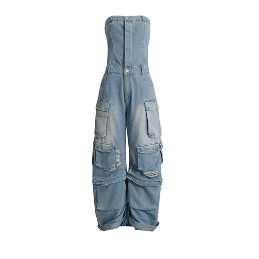 Tube Top Tooling Denim Jumpsuit - ALL HERZ FASHIONS