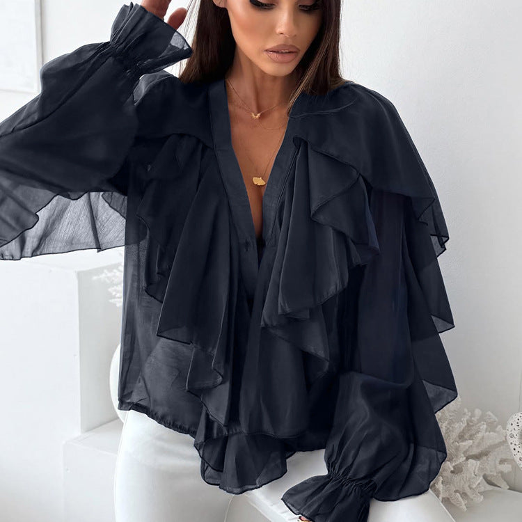 V neck Long Sleeve Ruffled Blouse