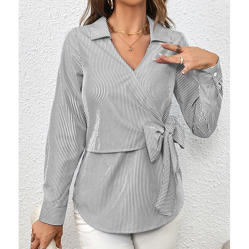 Women Clothing Vertical Stripes Slimming Bundle Long Sleeved Women Shirt Shirt Top Women