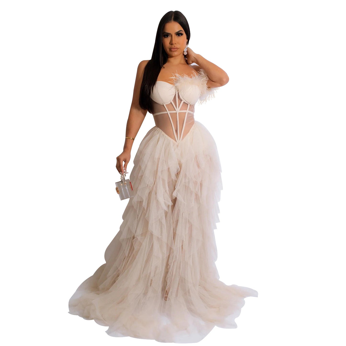 Chest Wrap Mesh Maxi Feather Dress