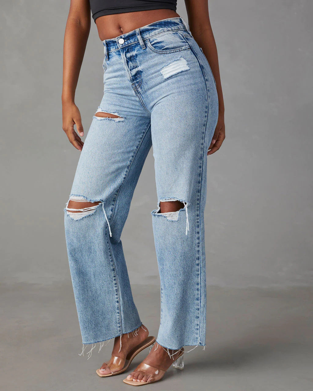 Ripped Washed Raw Heme Jeans