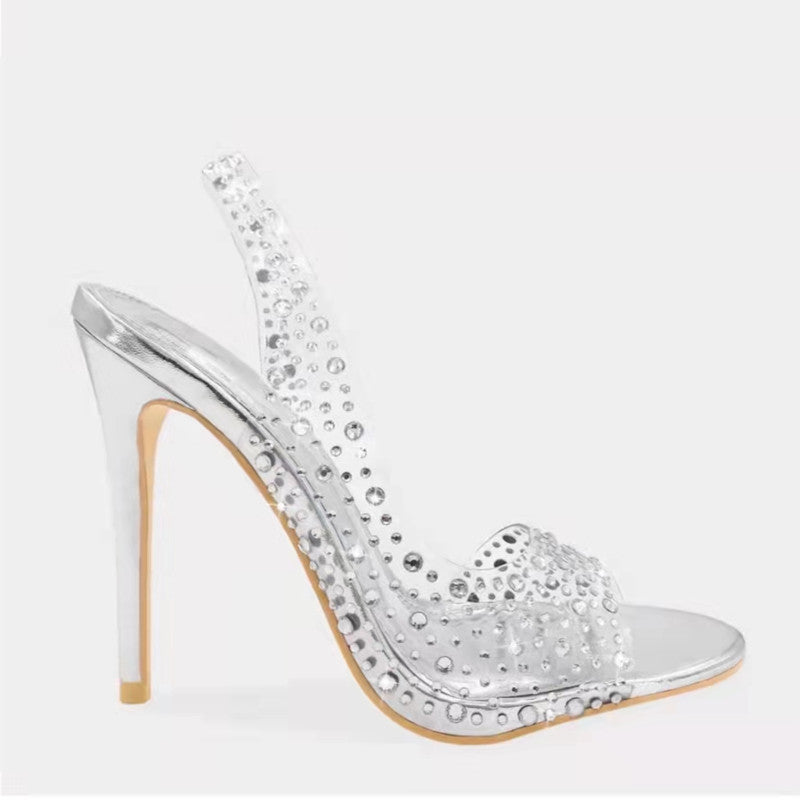 Peep Toe Rhinestone Stiletto Heel Slippers
