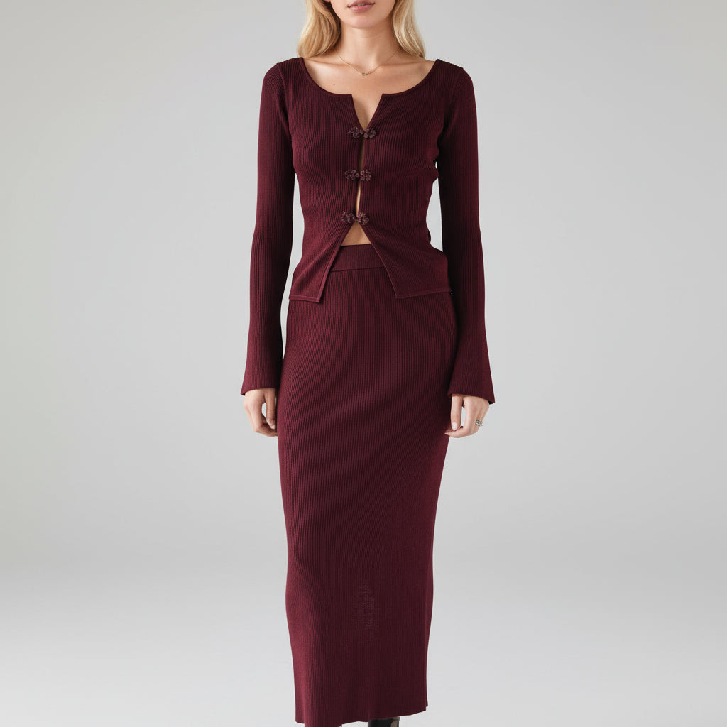 Burgundy Knitted Two Piece Square Collar Skirt Set