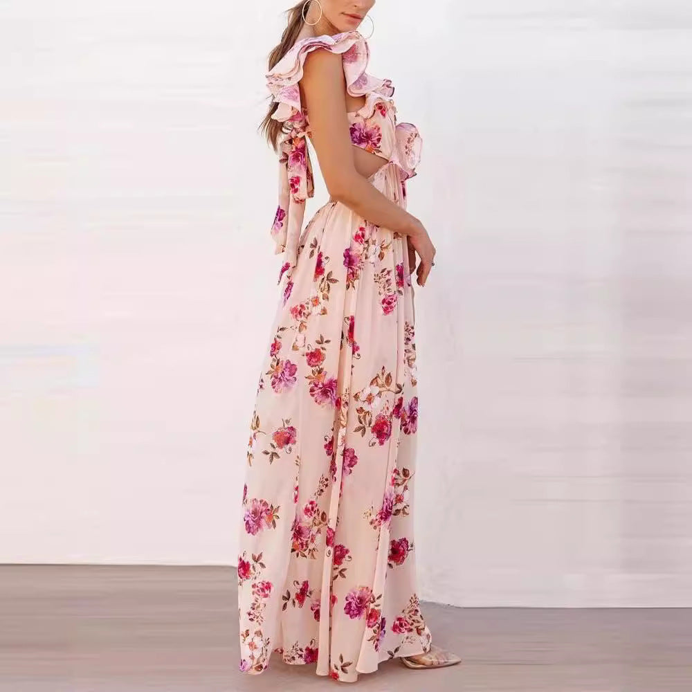 Floral Printing off the Shoulder Backless Maxi Dress