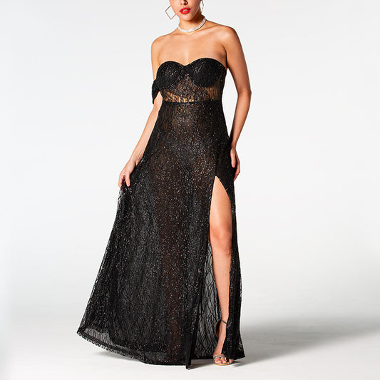 Black Cocktail Split Sequined Dress