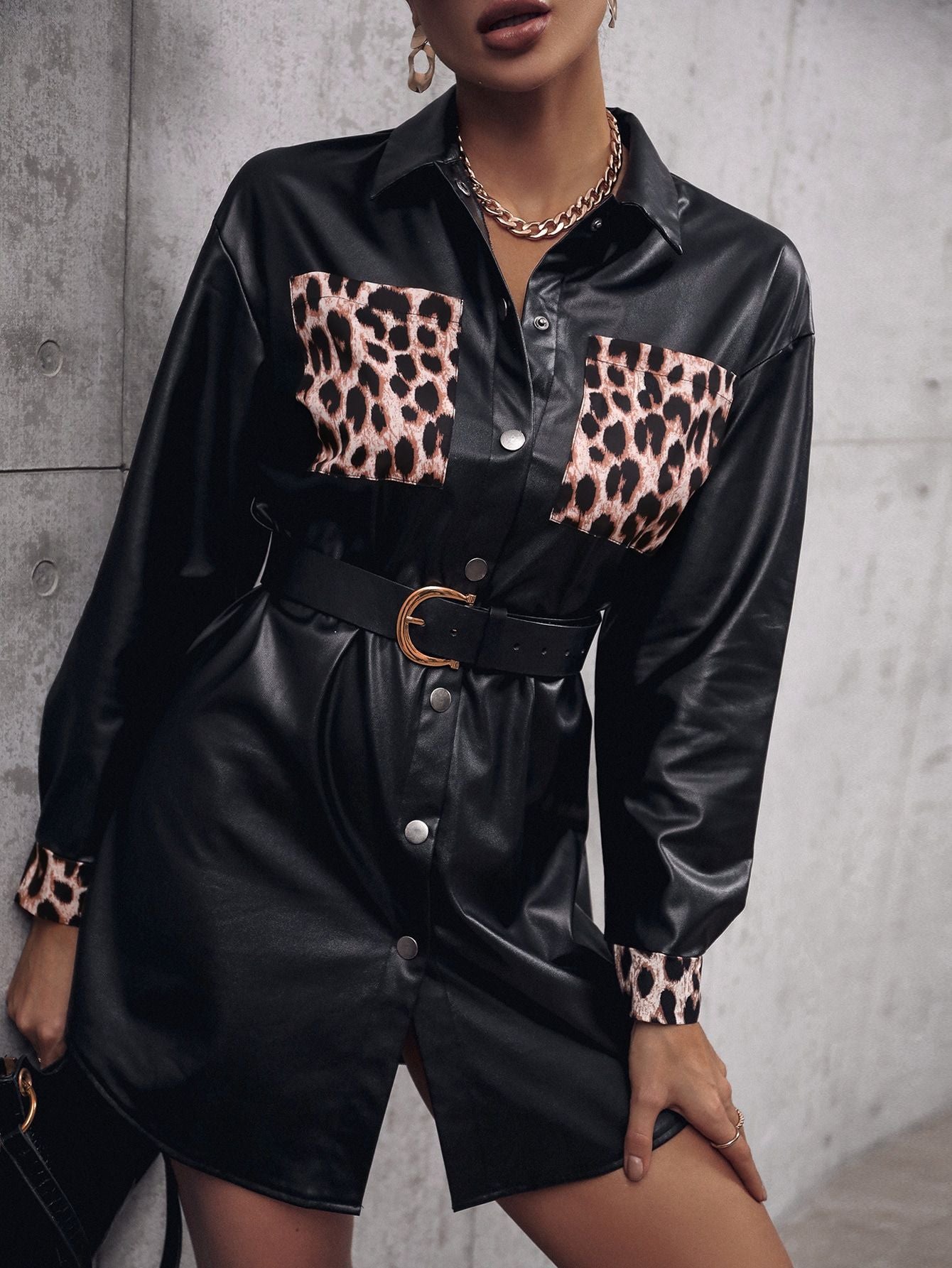 Faux Leather Leopard Print Trench Coat Top