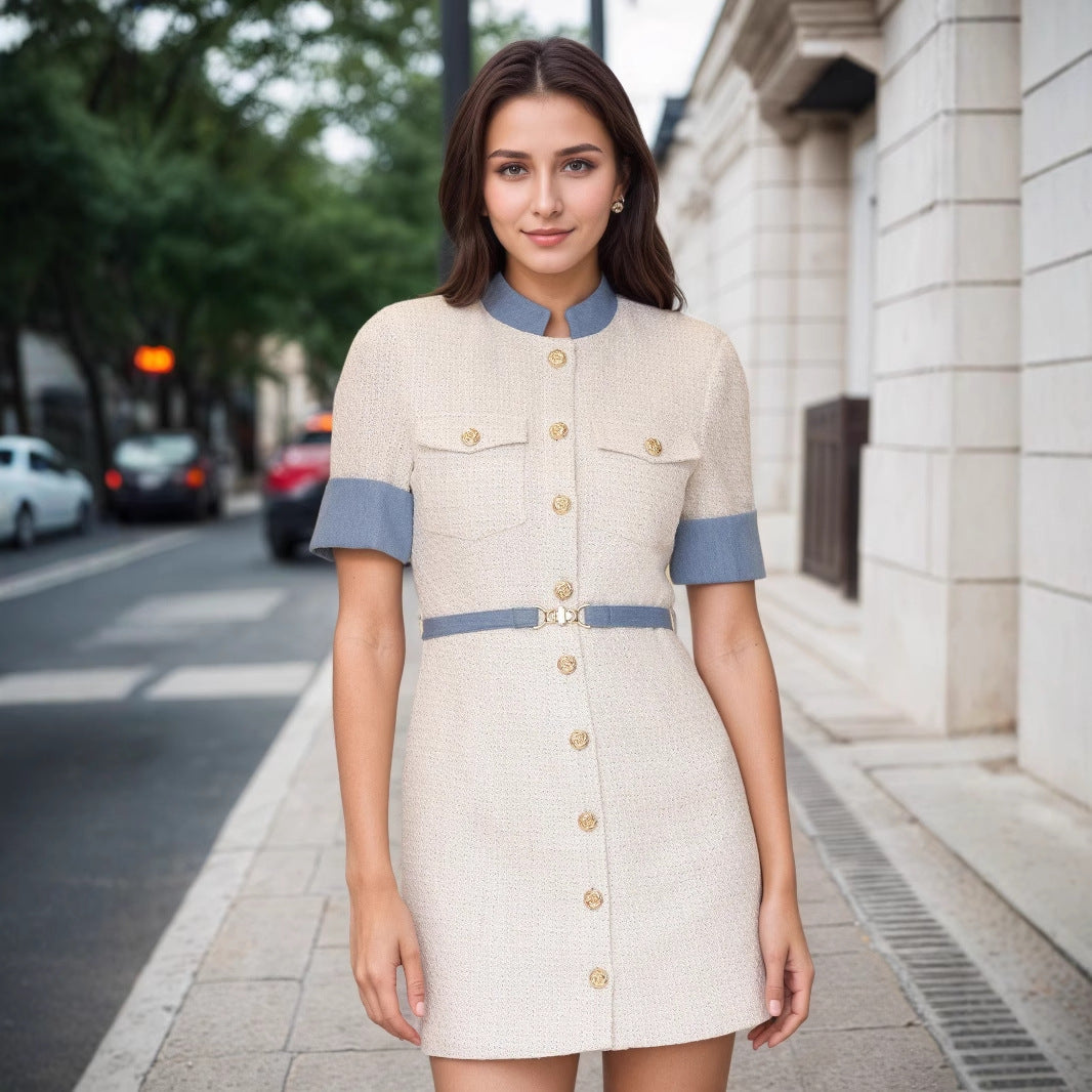 Elegant Creamy white Color block Dress